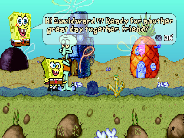 SpongeBob SquarePants: SuperSponge (PlayStation) screenshot: SpongeBob is speaking with Squidward