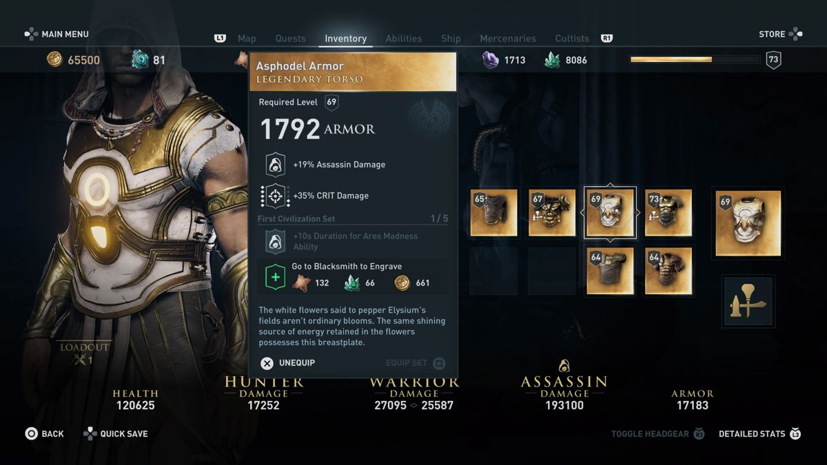 Assassin's Creed: Odyssey - The Fate of Atlantis (PlayStation 4) screenshot: Episode 1: Elysium comes with a new legendary armour set and weapons as well as many new regular ones