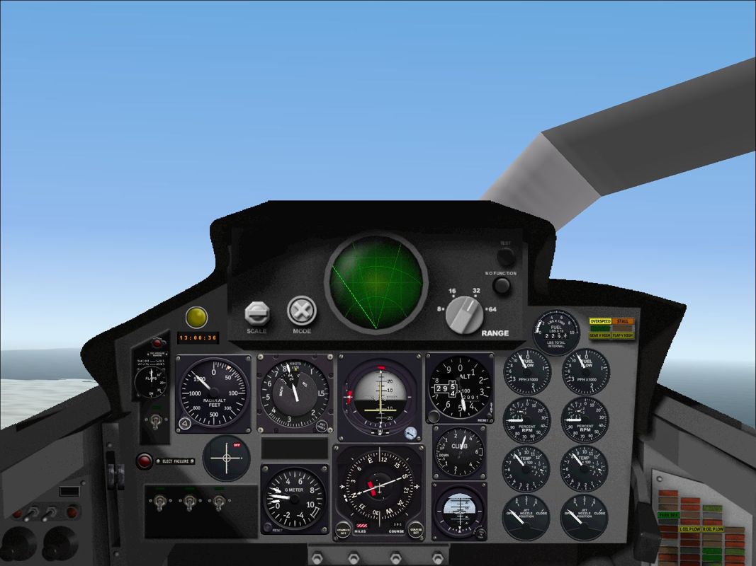 Luftwaffe Collection (Windows) screenshot: This doesn't work so well. It's the Phantom's cockpit looking ahead and to the left. Part of the cockpit structure has moved but the instrument panel remains static