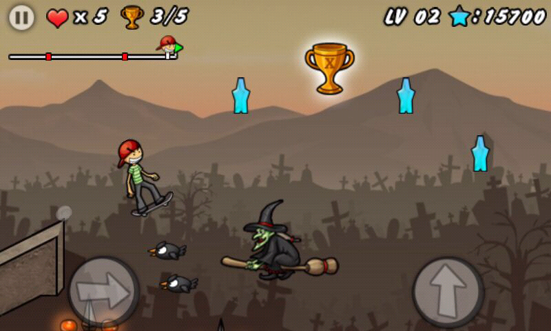 Skater Boy (Android) screenshot: Jumping over a witch
