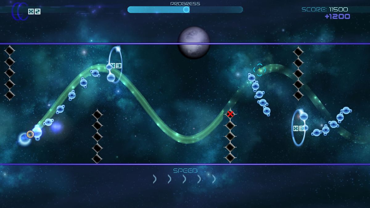 Waveform (Windows) screenshot: Avoid dark matter as it blows up the light orbs in the vicinity upon impact.
