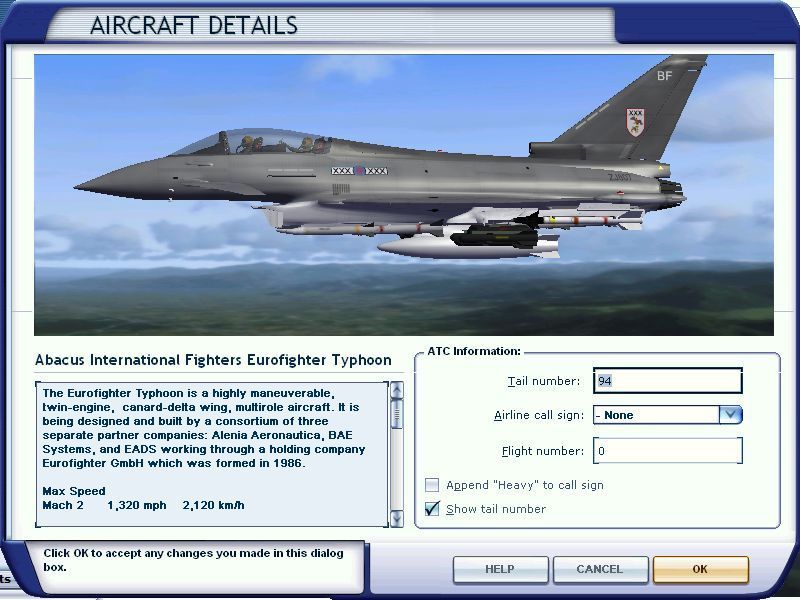 International Fighters (Windows) screenshot: Each aircraft can be displayed prior to selection. There's a brief summary of each plane's speed, weight, history etc
