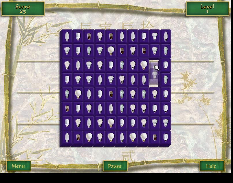 Ultimate Mahjongg 15 (Windows) screenshot: A game of Triplets using the 'animated lightbulb' tile set. This move swaps two tiles around and makes both a horizontal and a vertical triplet. New tiles move in from the right.