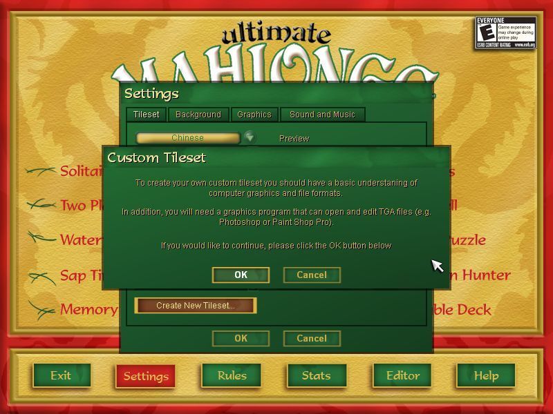Ultimate Mahjongg 15 (Windows) screenshot: Creating a custom tile set requires additional software.