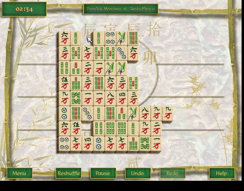 Ultimate Mahjongg 15 (Windows) screenshot: A game of Nanjing is in progress. When a pair of tiles is matched they are removed and tiles move across from right to left to close up the gaps