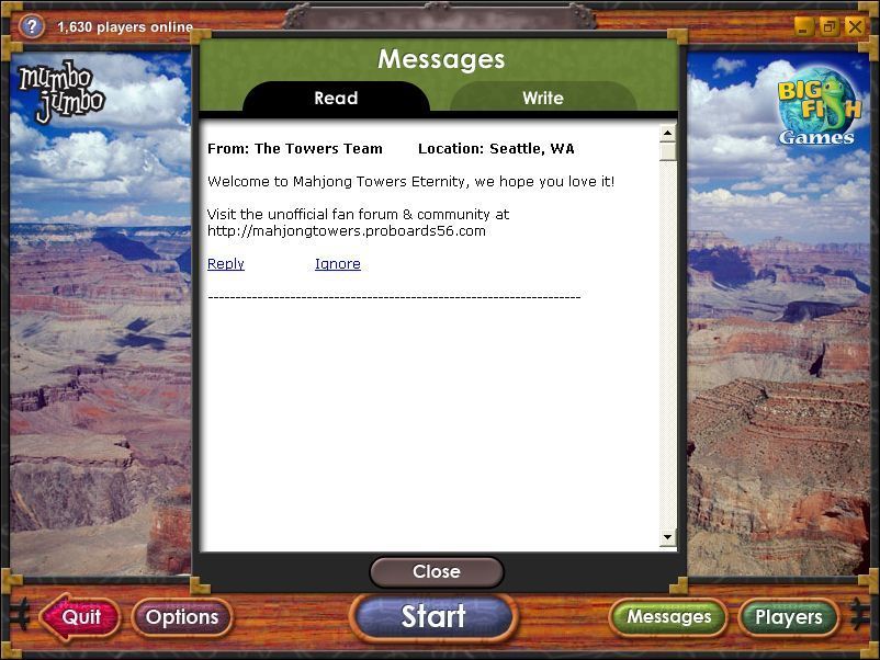 Mahjong Towers Eternity (Windows) screenshot: The on-line function is an important part of this game, note the top left where there are 1630 current players. As soon as a player registers they get a welcome message.