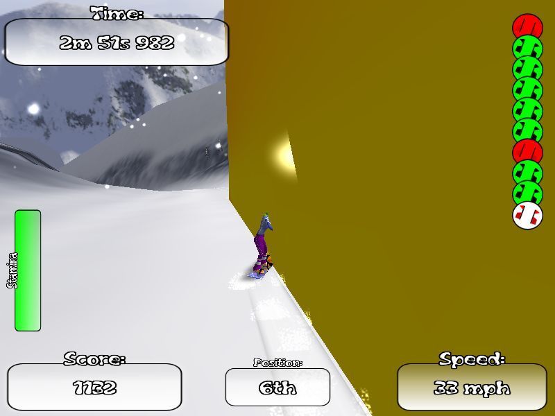 Extreme Snowboarding (Windows) screenshot: Sometimes the character and the scenery don't work well together.