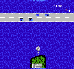 Gyrodine (NES) screenshot: A road ahead! Shoot some cars.