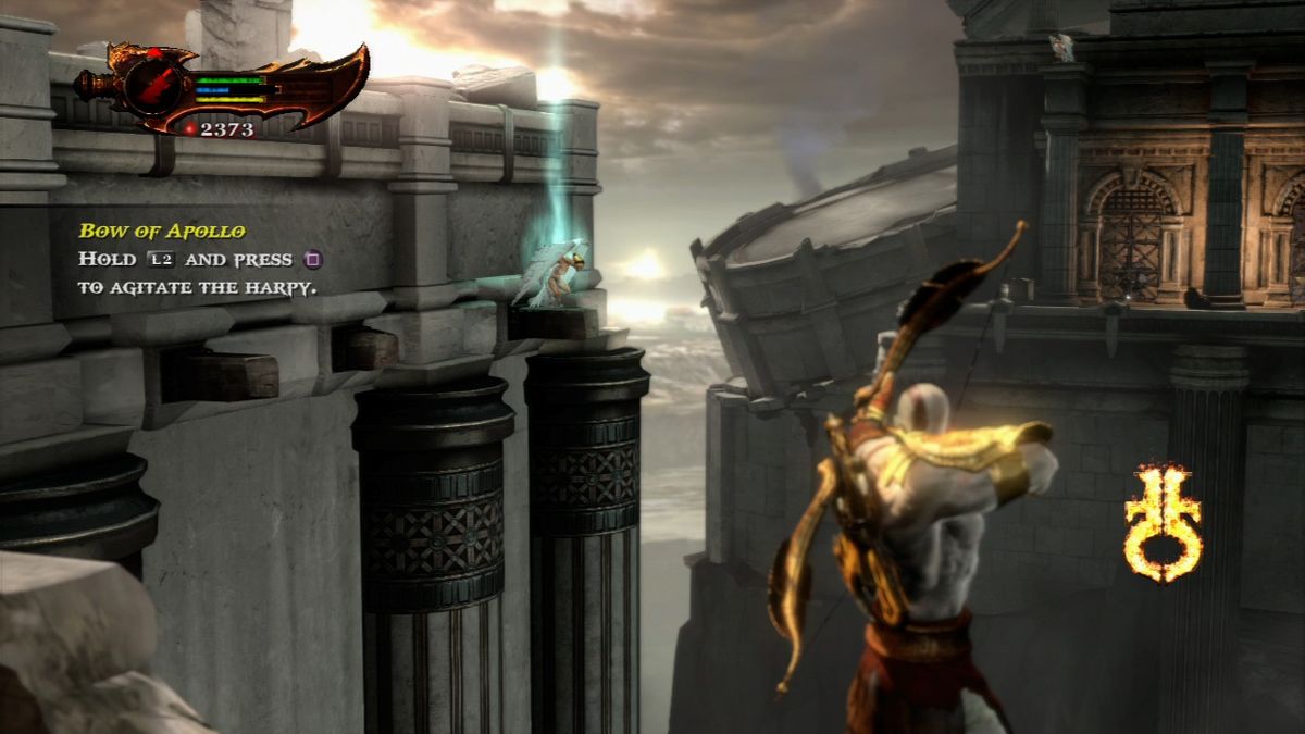 God of War III (PlayStation 3) screenshot: Use your bow to agitate harpies which can carry you across the chasms.