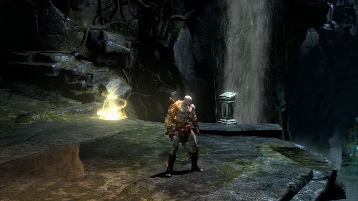 God of War III (PlayStation 3) screenshot: Use glowing light posts to save your game progress.