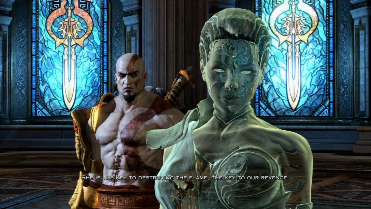 God of War III (PlayStation 3) screenshot: Kratos and Athena discussing what to do with Pandora's Box.