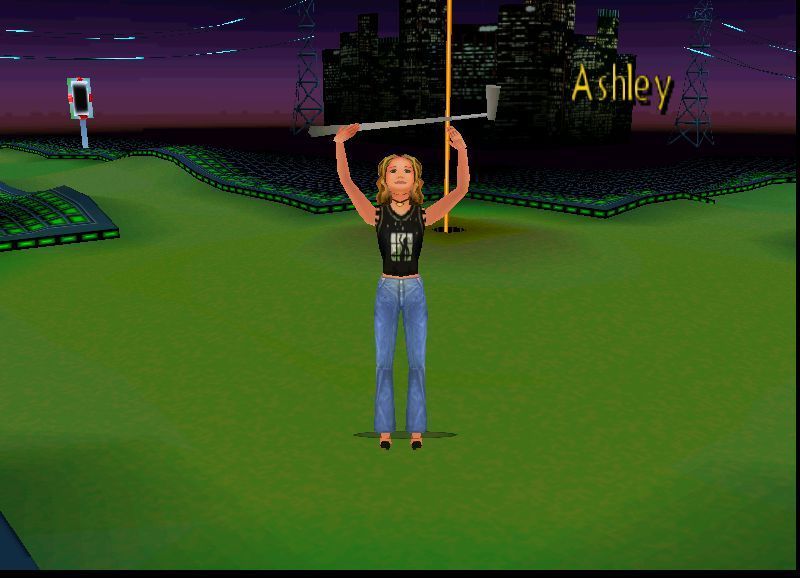 Mary-Kate and Ashley: Crush Course (Windows) screenshot: The girls play alternately. After the ball is sunk in the hole they either give a victory salute or bury their head in their hands depending on how well they've done