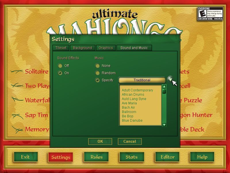 Ultimate Mahjongg 15 (Windows) screenshot: Even the background music can be changed.