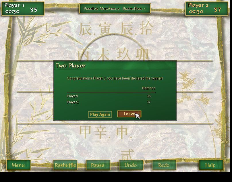 Ultimate Mahjongg 15 (Windows) screenshot: The end of a two player game. Player one once failed to complete a move in the alotted time and so lost the game