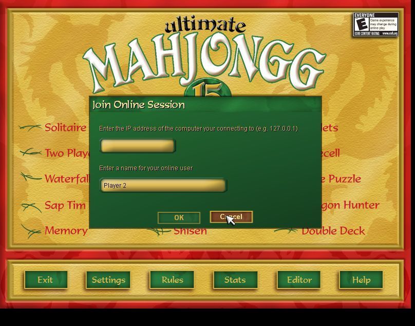 Ultimate Mahjongg 15 (Windows) screenshot: For Online play the payer must host or join an on-line session. This is the screen for joining a session