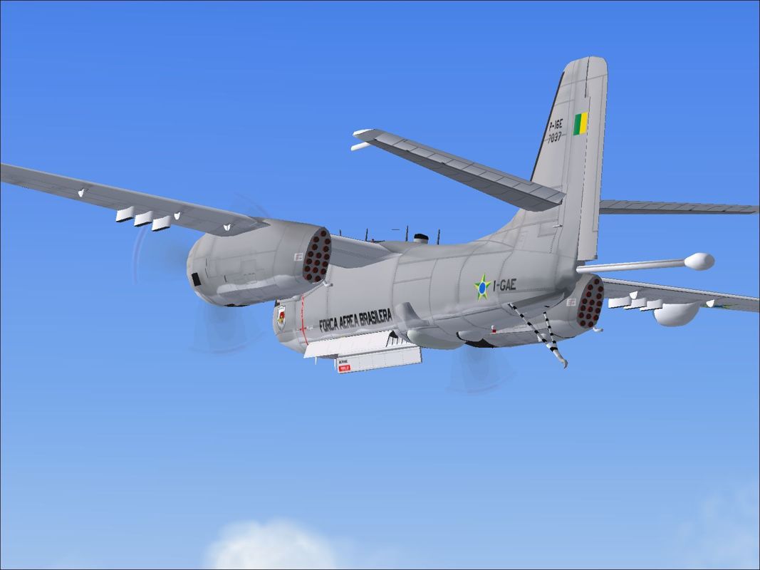 Combat Collectors: Second Edition (Windows) screenshot: The S-2E Tracker in Brazilian Air Force livery with boom and tail hook extended and doors open.