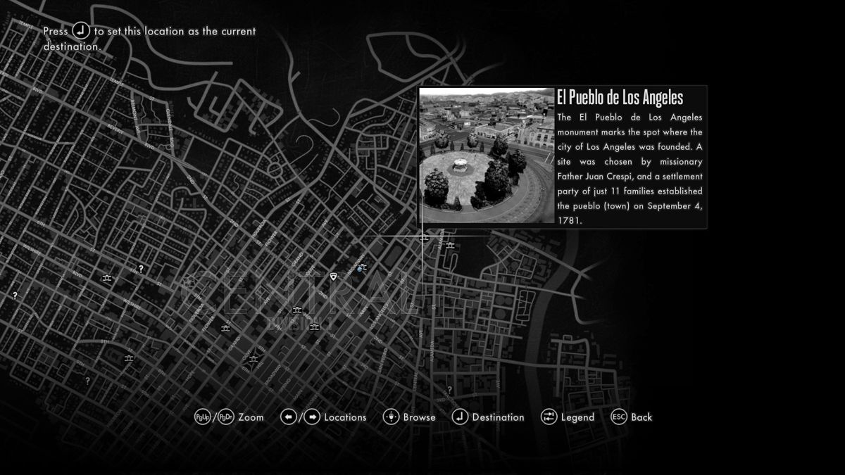 L.A. Noire: The Complete Edition (Windows) screenshot: Discovered landmarks are briefly introduced on the in-game map.