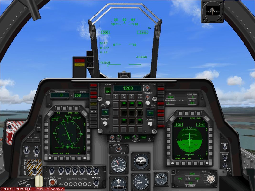 Combat Collectors: Second Edition (Windows) screenshot: The standard cockpit view in the AV-8B Harrier II Plus.