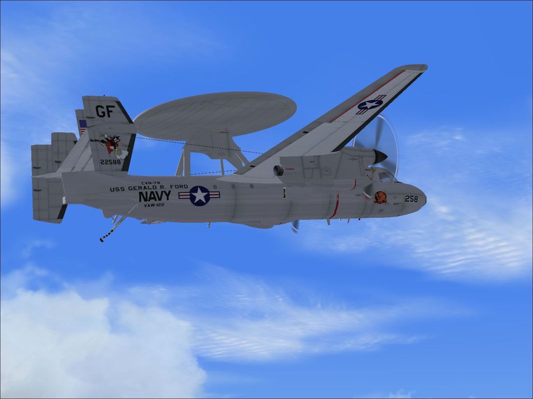 Combat Collectors: Second Edition (Windows) screenshot: The E-2C Hawkeye in flight in U S Navy livery with tail hook extended.