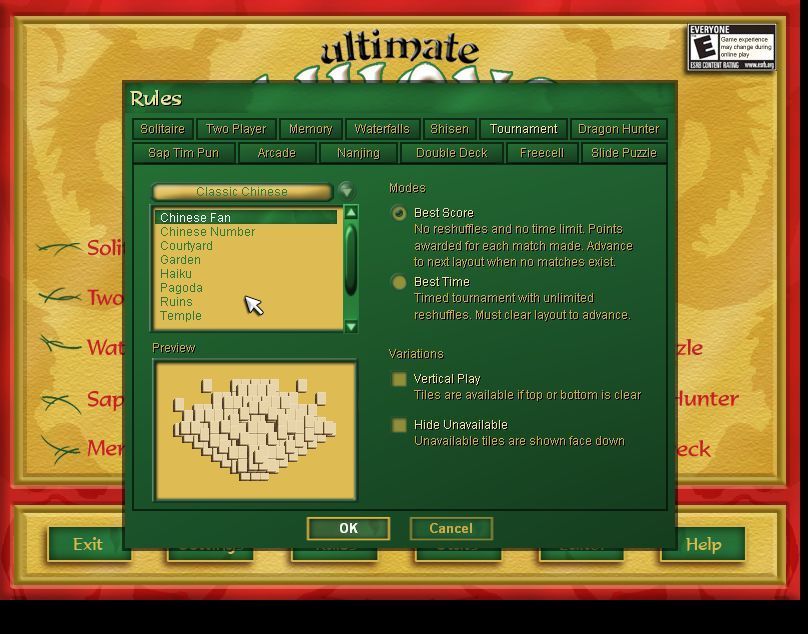 Ultimate Mahjongg 15 (Windows) screenshot: In Tournament mode the player must first select the theme of the ten puzzles to be played