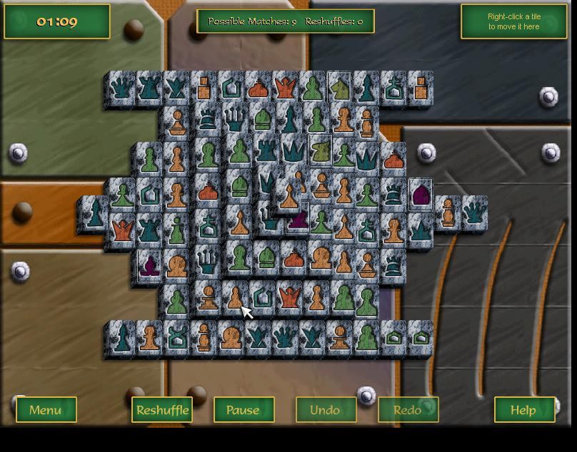 Ultimate Mahjongg 15 (Windows) screenshot: The start of a Freecell game. The box in which awkward tiles can be placed is in the top right.