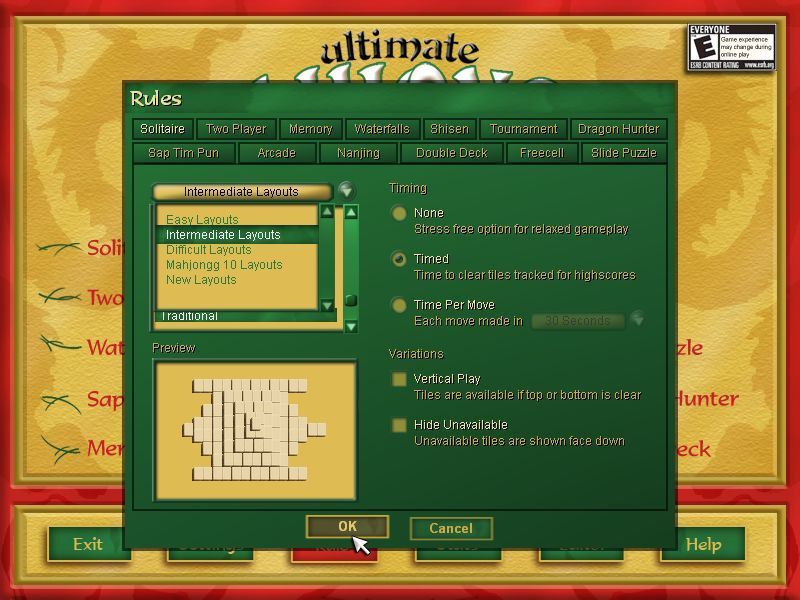 Ultimate Mahjongg 15 (Windows) screenshot: The rules option allows the player to customise the level of difficulty for each game type