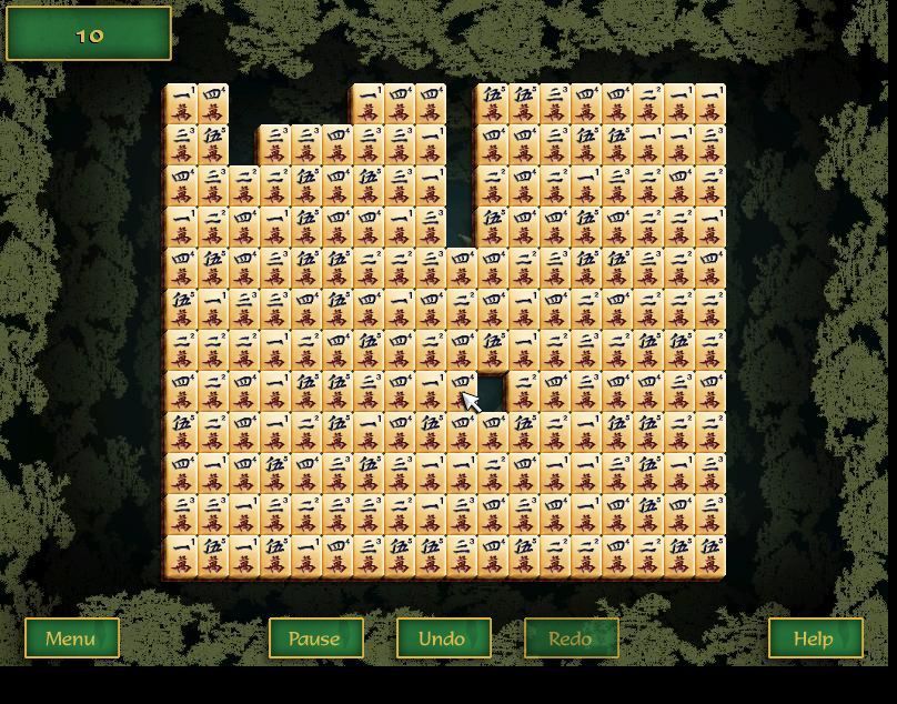 Ultimate Mahjongg 15 (Windows) screenshot: A Waterfalls game in progress. A string of tiles have been matched and is being cleared. Tiles above fall down to fill in any gaps. When a row is removed the remaining rows move together