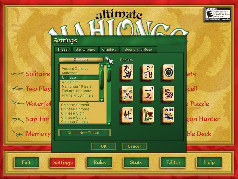 Ultimate Mahjongg 15 (Windows) screenshot: Here a different tile set is being selected.