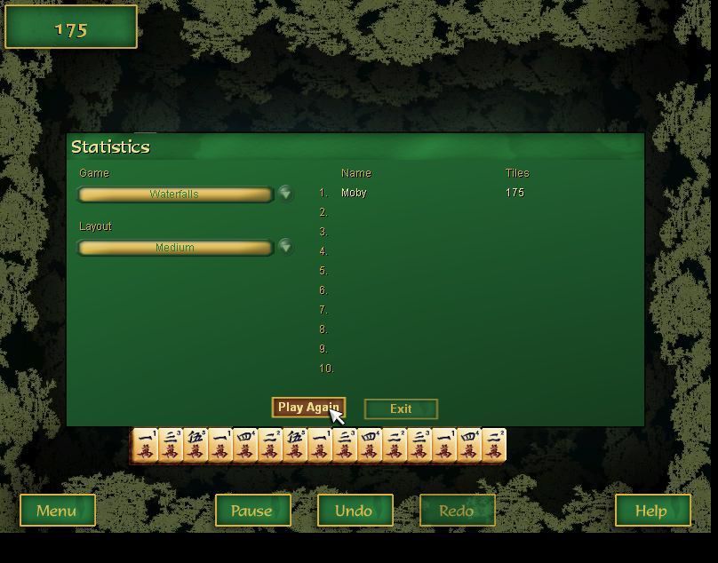 Ultimate Mahjongg 15 (Windows) screenshot: The high score table holds the top ten scores per game type for each level of difficulty