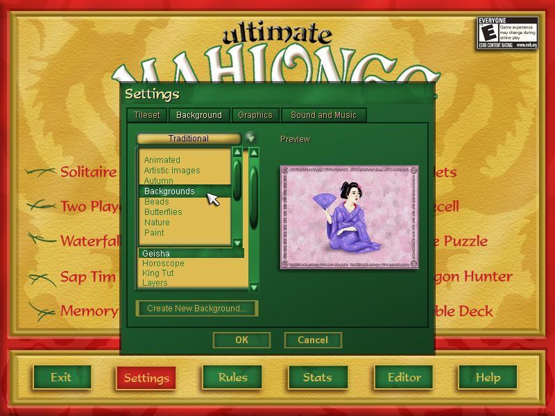 Ultimate Mahjongg 15 (Windows) screenshot: Selecting an alternate background.