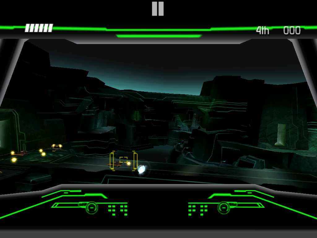 Tron: Legacy (iPad) screenshot: Inside the cockpit of a Recognizer module.