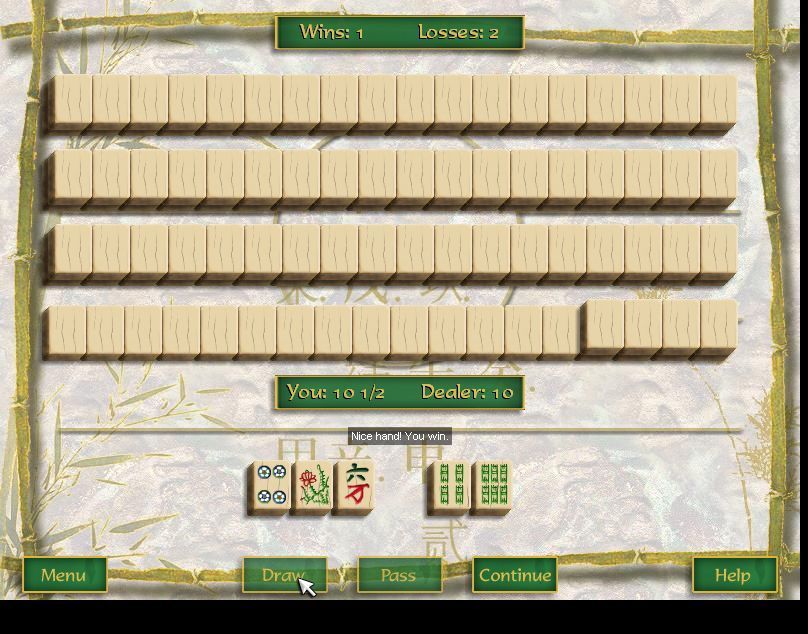 Ultimate Mahjongg 15 (Windows) screenshot: Sap Tim Pun in progress. The tiles are taken from the wall in order. The player must continue to draw until their hand exceeds 6 points