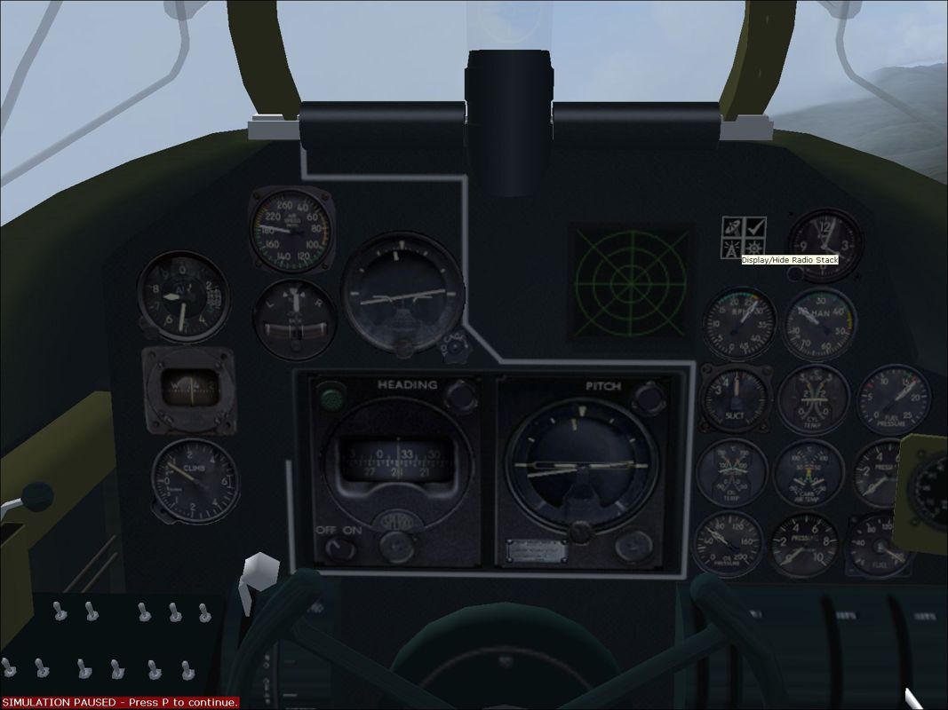 Combat Collectors: Second Edition (Windows) screenshot: A virtual cockpit view in the P-61 Black Widow. Here the panel in the lower left has moved significantly.