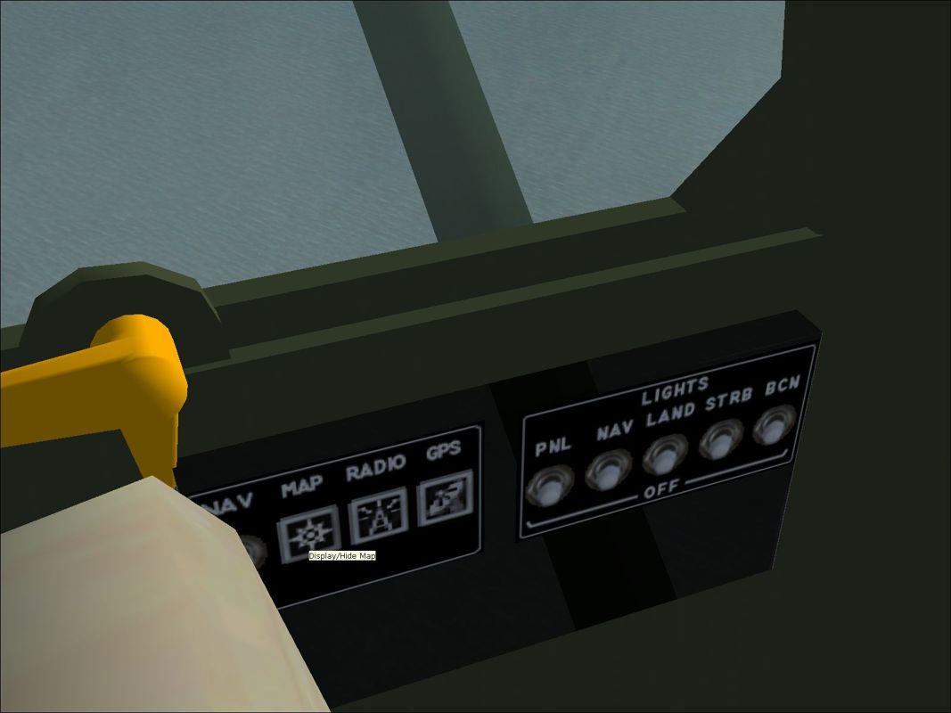 Combat Collectors: Second Edition (Windows) screenshot: The virtual cockpit of the Cessna L-19 Bird Dog has icons for additional panels on the left side door.