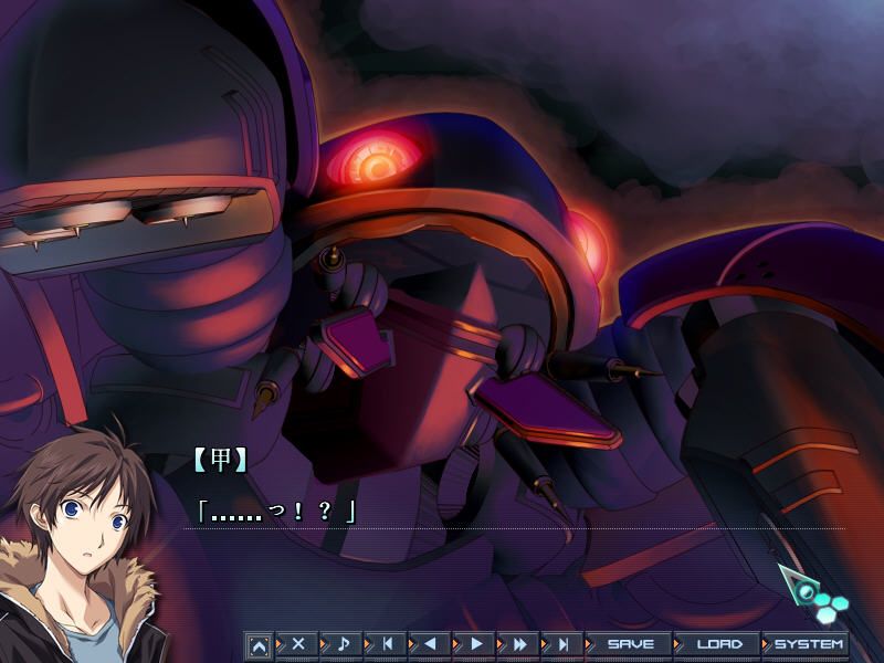 Baldr Sky Dive1: Lost Memory (Windows) screenshot: Kou and a giant mech