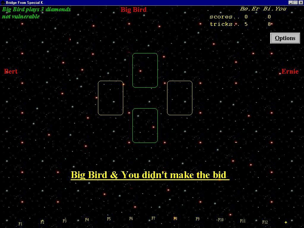 Bridge From Special K (Windows) screenshot: When the hand is complete a message is displayed saying whether or not the contract was successful, this is followed by the score sheet