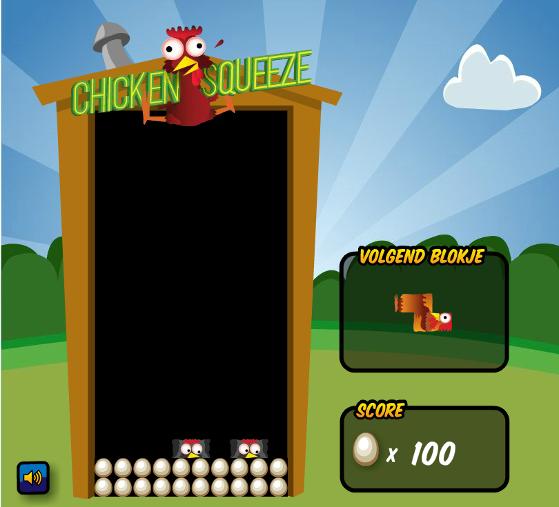 Chicken Squeeze (Browser) screenshot: When a line is made, the chickens turn into eggs.