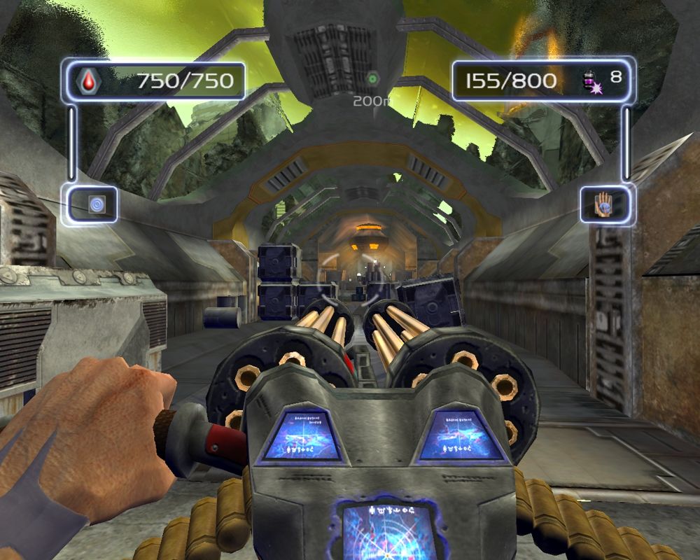 Gene Troopers (Windows) screenshot: In later levels you get some serious firepower, like this portable twin gatling gun.