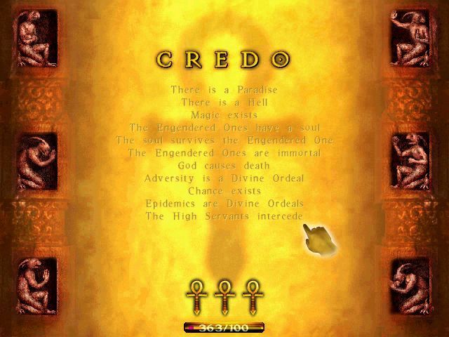 Deo Gratias (Windows) screenshot: The High Place also gives access to The Creed. There are three screens to this, each accessed by clicking on one of the three ankh's in the lower part of the screen