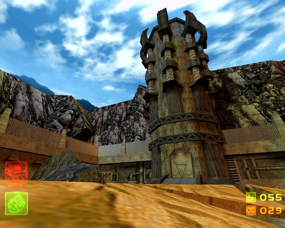 Skout (Windows) screenshot: Imposing tower in an outdoors setting. In the first level of the game you have to infiltrate two towers to deactivate a force field generator.