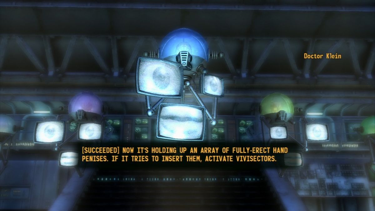 Fallout: New Vegas - Old World Blues (PlayStation 3) screenshot: Meeting the Think Tank which are known for their ludicrous dialogs.