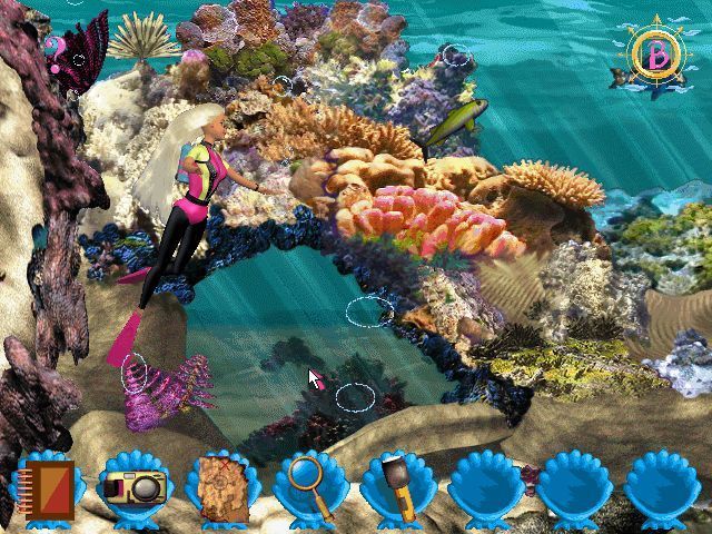 Adventures with Barbie: Ocean Discovery (Windows) screenshot: The game begins. The reef is very colourful and clicking on the fishes, shell fish and many other underwater objects triggers a sound or an action of some sort