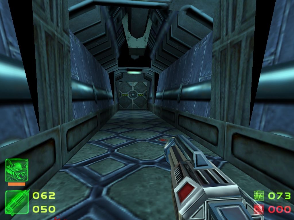 Skout (Windows) screenshot: Base corridor. Player is holding the Partikelstreuer, a chaingun-like weapon.