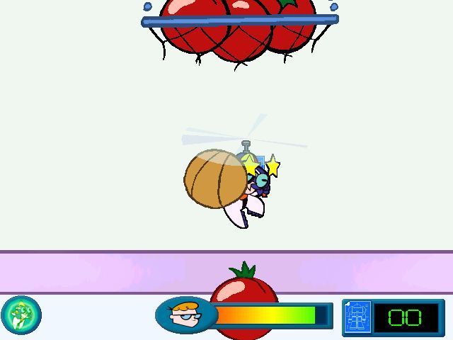 Dexter's Laboratory: Science Ain't Fair (Windows) screenshot: Game 1 is about flying a mini Dexter around the kitchen collecting parts of the missing blueprints. Here Dexter has both failed to avoid a hazard or deploy his shield