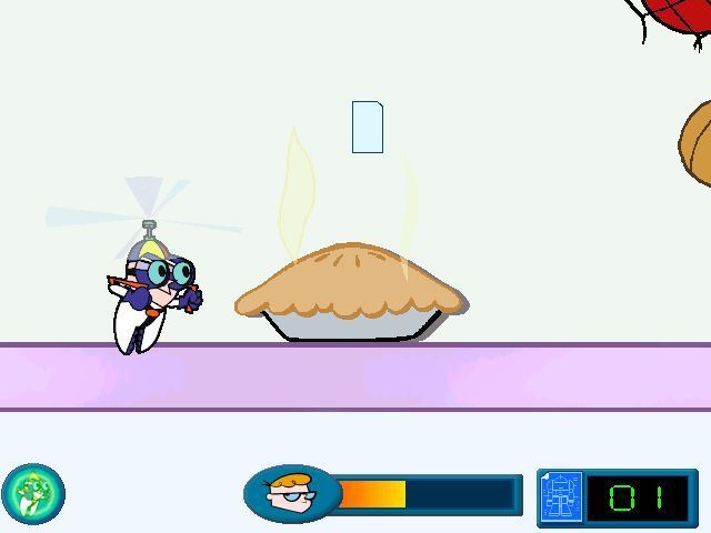 Dexter's Laboratory: Science Ain't Fair (Windows) screenshot: Game 1 is about flying a mini Dexter around the kitchen collecting parts of the missing blueprints. It doesn't look very blue in this screenshot but that's a missing piece up ahead.