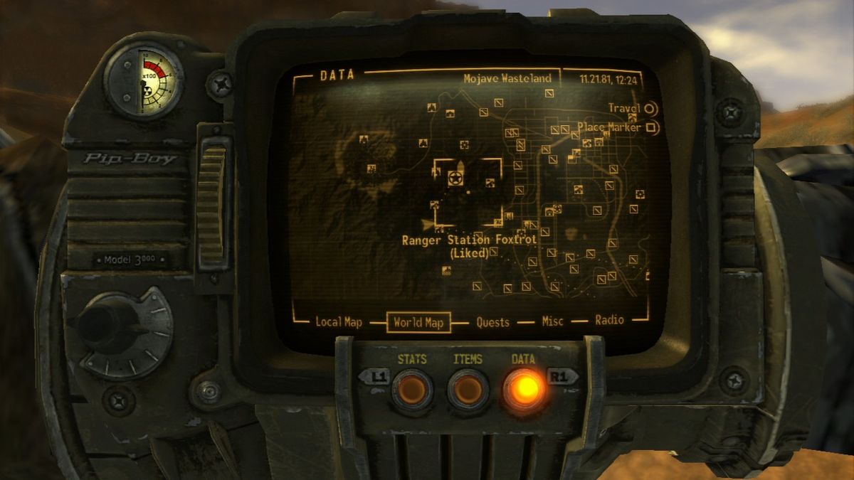 Fallout: New Vegas (PlayStation 3) screenshot: World map can be accessed via Pip-Boy 3000.