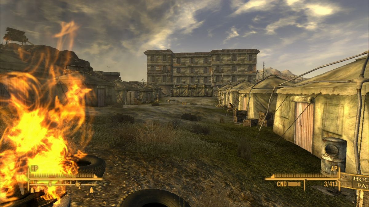 Fallout: New Vegas (PlayStation 3) screenshot: One of the largest military camps, very close to the dam and just on the opposite bank to oversee the Cesar's main base.