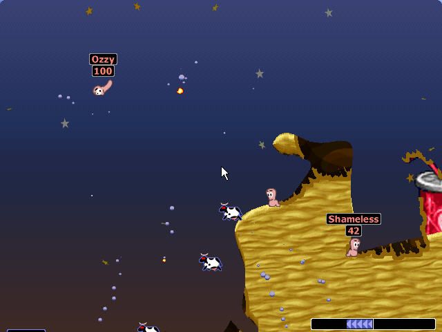 Worms: Armageddon (Windows) screenshot: Ozzy has a bad day.