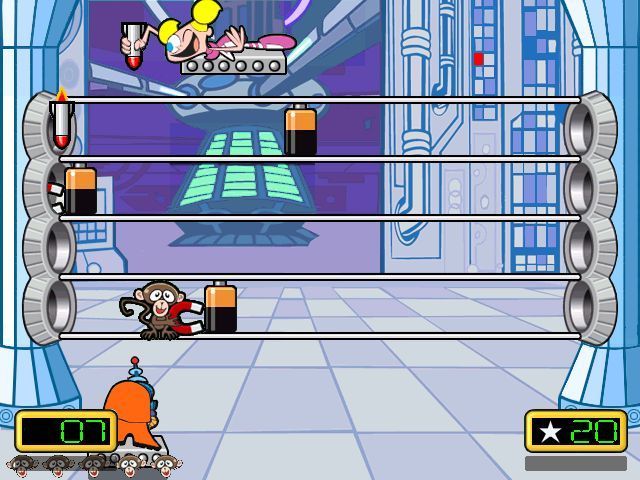 Dexter's Laboratory: Science Ain't Fair (Windows) screenshot: The Monkey Clone game. Monkeys try to steal the batteries and must be shot, meanwhile Dee Dee floats overhead and launches missiles