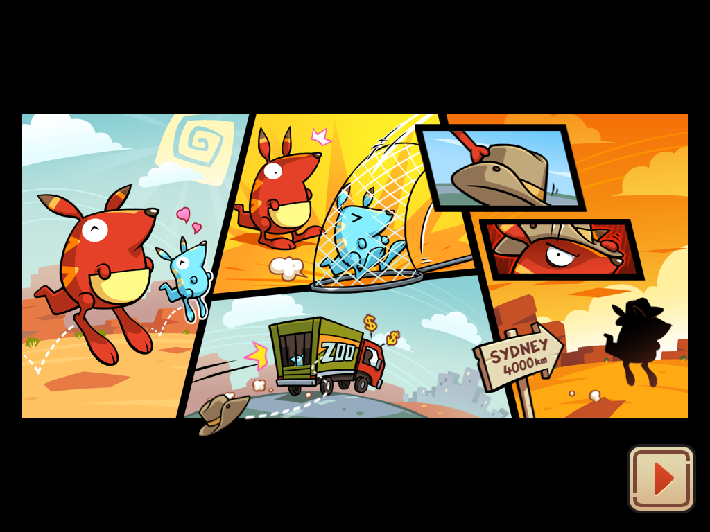 Run Roo Run (iPad) screenshot: The introduction comic displayed at the start of the game.
